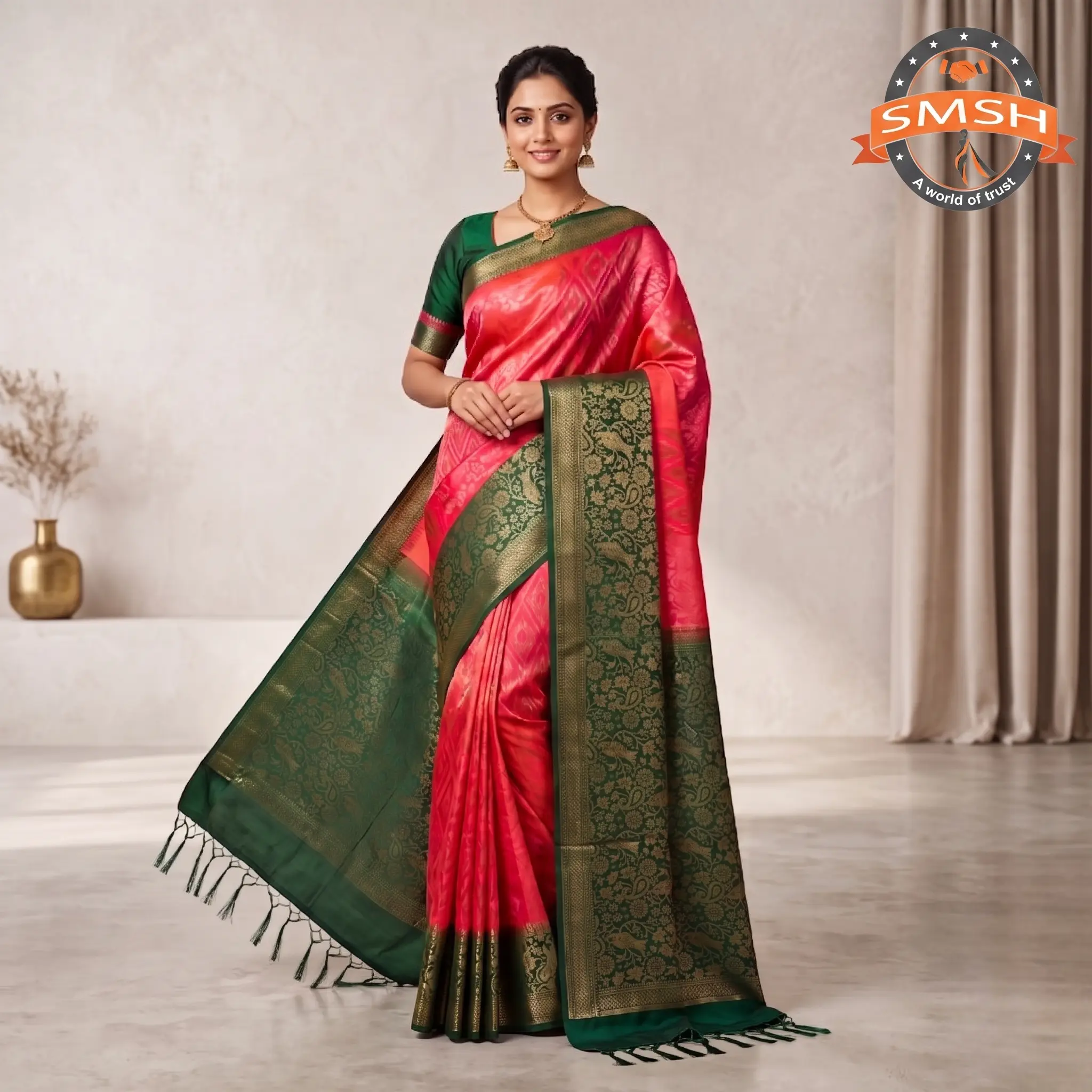 Pink Green Fancy Ikat Brocade Silk Saree